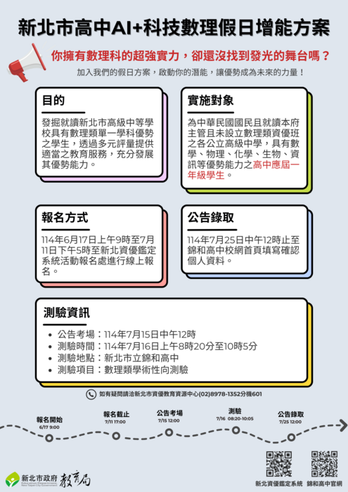 【特教組】新北市114學年度高級中等學校學生參與AI+科技數理假日增能方案課程實施計畫、申請說明及海報各1份。圖片